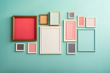 Behold the most perfect empty frame on a soft color wall, poised to inspire your artistic journey.
