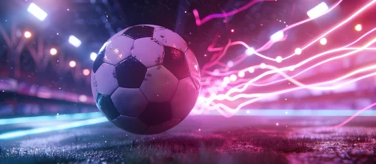Fotobehang Neon-Lit Soccer Ball Glowing on Stadium Field - Vibrant Football Game Concept © Sittichok