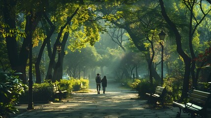 Early Morning or Evening Walk Couple Amidst Lush Green Park