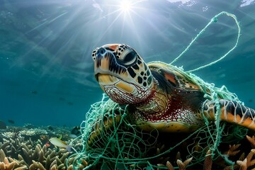 Fototapeta premium turtle trapped in a fisherman's net and injured, Sea pollution
