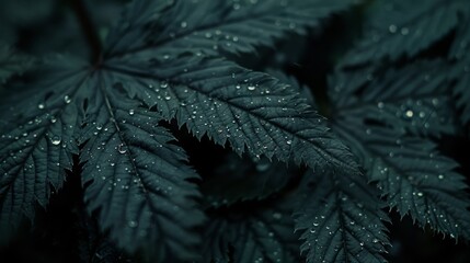  a close up of a green leaf with drops of water on it and a black background with a blurry image of the leaves.