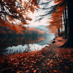 A serene lake surrounded by autumn foliage.