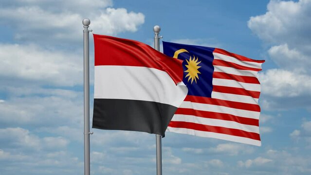 Malaysia and Yemen two flags waving together, looped video, two country cooperation concept