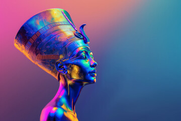 Nefertiti statue banner, gradient, holographic style, light purple and blue, fashion, beauty industry, jewelry with empty space for your design
