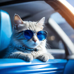 a cat wearing sunglasses driving a car