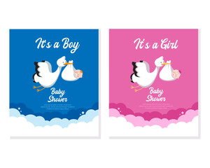 Cute cartoon baby shower invitation card to celebrate newborn baby and children. It's a girl, stork bird with newborn baby, vector illustration