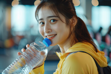 Beautiful young asian woman going to drink water from plastic bottle after workout in gym