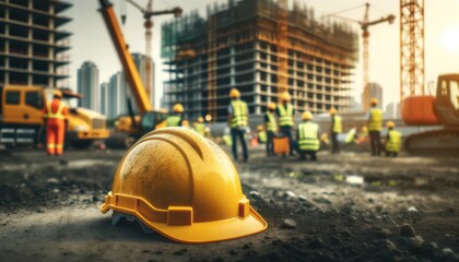 Foreground focus on a yellow safety helmet at a construction site, with blurred workers and heavy machinery in action in the background.