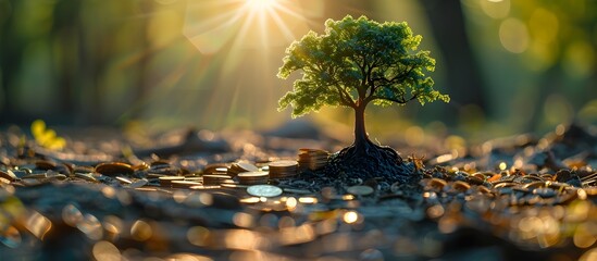 Coins Sprouting Tree in Sunlit Forest Financial Growth and Strategic Planning - obrazy, fototapety, plakaty