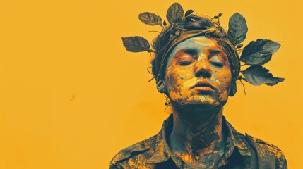 a close up of a statue of a man with leaves on his head and a yellow wall in the background.