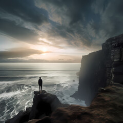 A solitary figure standing on a cliff overlooking the sea