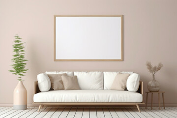 Behold the simplicity of a beige and Scandinavian sofa juxtaposed with a white blank empty frame for copy text, against a soft color wall background.