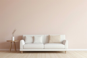 Behold the simplicity of a single beige and Scandinavian sofa next to a white blank empty frame for copy text, against a soft color wall background. - obrazy, fototapety, plakaty
