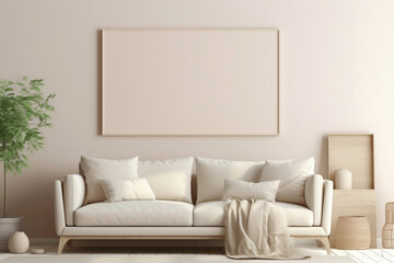 Behold the tranquility of a beige and Scandinavian sofa positioned beside a white blank empty frame for copy text, against a soft color wall background.