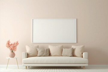 Fototapeta na wymiar Behold the tranquility of a beige and Scandinavian sofa positioned beside a white blank empty frame for copy text, against a soft color wall background.