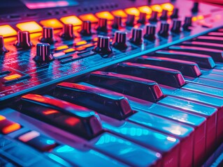 Obraz premium High-tech music studio equipment with neon lights, ideal for projects related to sound engineering, DJ culture, and electronic music production