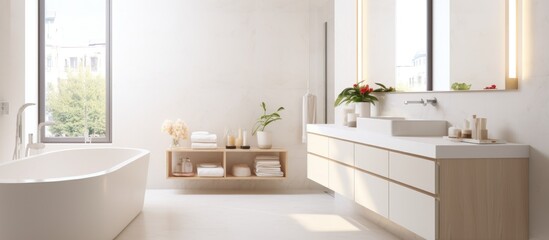 Fototapeta premium A spacious white bathroom with a tub and sink in a modern luxury apartment. The room features minimalistic style and new furniture.