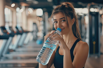 Beautiful young woman going to drink water from plastic bottle after workout in gym