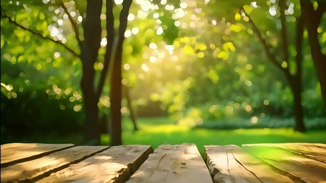 Wooden table top with sunny background in a green park, natural summer backdrop with sun rays.