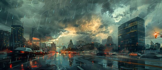 Post-Apocalyptic Futuristic City Street Nightmare, Stormy Rain and Flame-Like Clouds