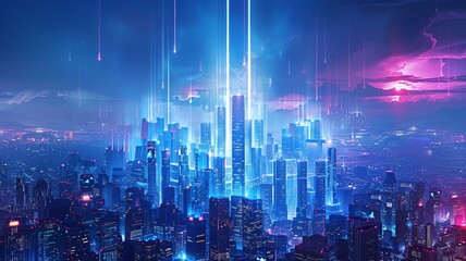Neon cityscape reflection with towering skyscrapers and a futuristic vibe - obrazy, fototapety, plakaty