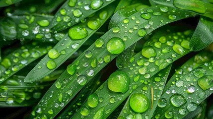  a close up of a bunch of green leaves with drops of water on the drops of water on the leaves.