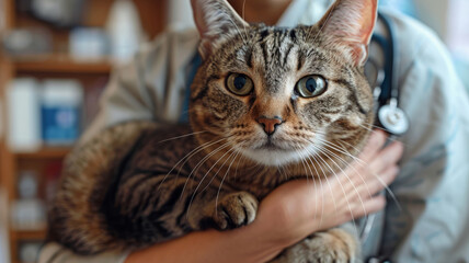 Cat held by a veterinarian.