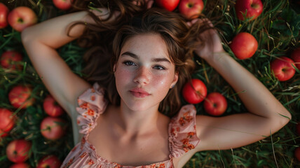 Fototapeta na wymiar Young woman lying in an orchard with apples.