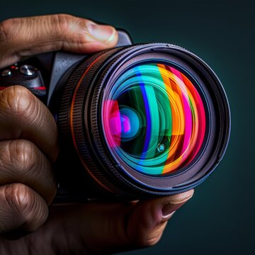 A photographer focusing a lens, the viewfinder revealing hidden, vibrant colors--ar 3:2