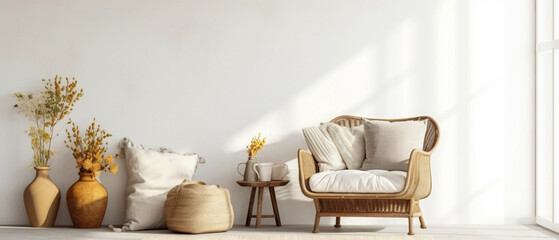 Boho chic living room featuring a wicker chair, floor vases, and a blank mockup poster frame against a crisp white wall.