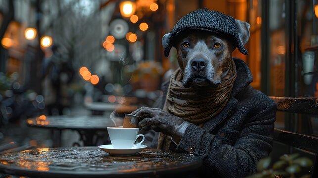 Vintage Dog Savoring Coffee in Cozy City Cafe