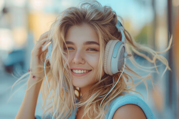 Beautiful young woman with blonde hair wearing big headphones listening to music and smiling