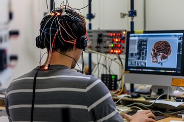 Fototapeta na wymiar study of brain activity, a series of experiments using sensors and indicators, Brain Laboratory