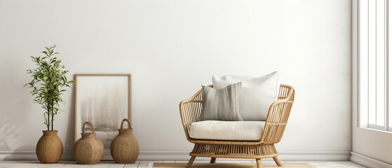Boho chic living room featuring a wicker chair, floor vases, and a blank mockup poster frame...