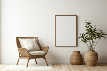 Boho-inspired modern living room with a wicker chair, floor vases, and a blank mockup poster frame...