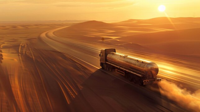 A fuel tanker truck speeding along a deserted highway its metal surfaces gleaming under the scorching sun with endless sand dunes stretching out on either side