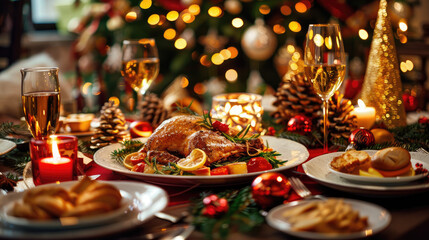 Christmas family dinner table concept. Big festive dinner with various garnishing