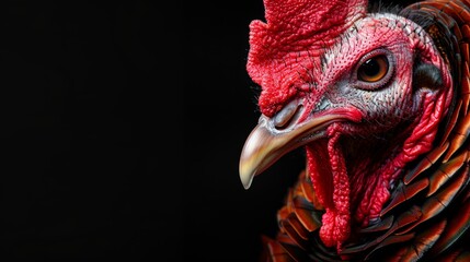  a close up of a rooster's head with a red comb on it's head and a black background.