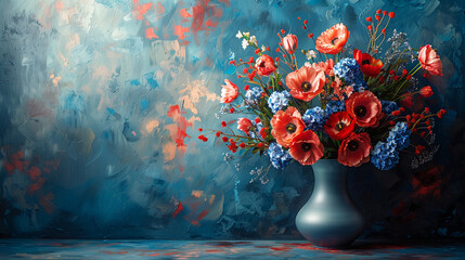 A large vase of flowers in red and blue colors on an abstract background in the style of oil painting - obrazy, fototapety, plakaty