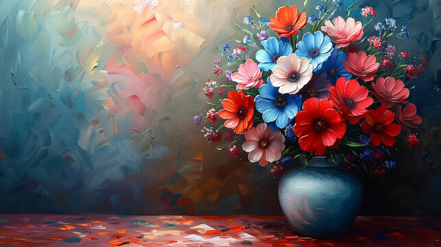A large vase of flowers in red and blue colors on an abstract background in the style of oil painting
