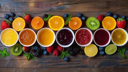 Foto auf Acrylglas Assortment of fresh fruit juices and smoothies with ingredients on rustic wooden background © rorozoa