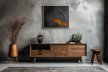 Chic ambiance with wooden cabinet, dresser, and empty poster frame against textured concrete backdrop in contemporary living room.
