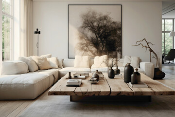 A blank canvas awaits above the Scandinavian-style living room with its dual beige sofas and weathered wooden table.