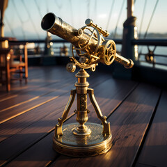 Antique brass telescope on a ship deck.