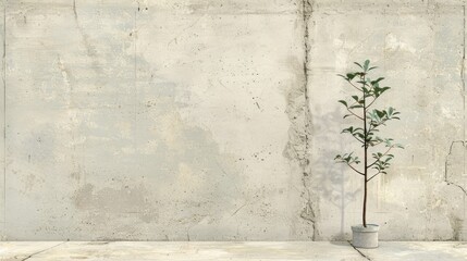  a potted plant in front of a concrete wall with a planter on the ground in front of it.