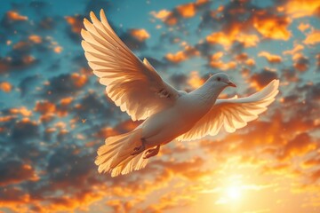 A symbol of peace, a white dove in full flight is set against a dramatic sunset sky with fiery clouds. - obrazy, fototapety, plakaty