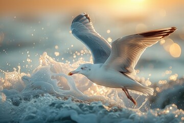 A seagull lifts off over the sparkling sea waves, bathed in the warm glow of the rising sun. - Powered by Adobe
