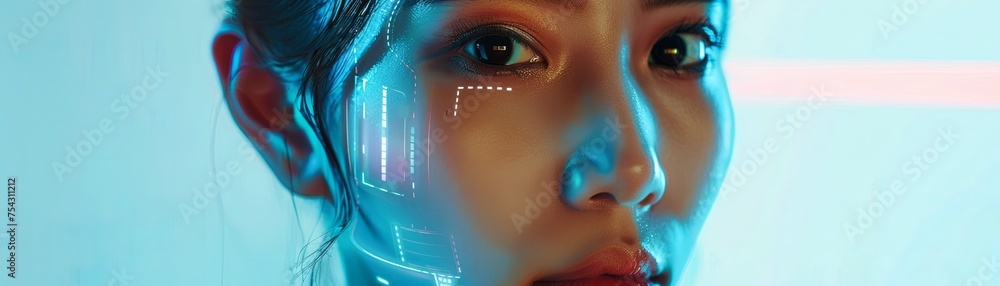 Poster cybernetic woman portrait with digital interface a high-resolution image of a woman with digital int