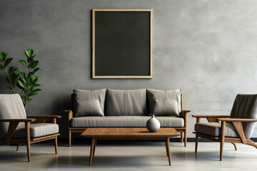 Chic ambiance with wooden furniture and empty poster frame against textured concrete wall in contemporary living room.