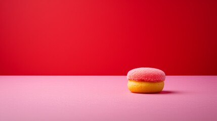  a pink and yellow donut sitting on top of a pink surface with a red wall in the back ground.